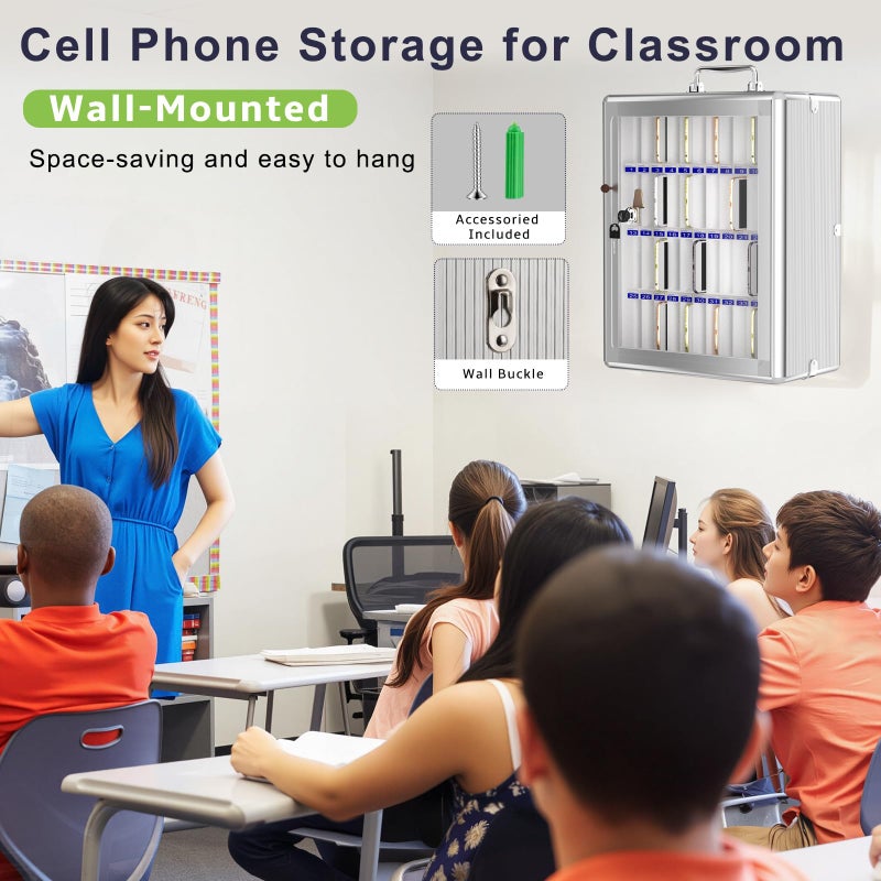 Loghot Aluminum Alloy Pocket Chart Cell Phones Storage Cabinet for Cell Phones, Wall-Mounted Cell Phone Locker Phone Holder with Lock for Classroom, Office, Can be Carried by Hand (48 Slots) - Image 3